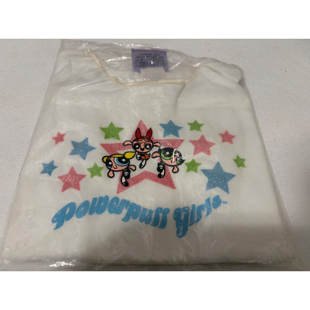 Vintage 2000 Powerpuff Girls Cartoon Network White Glitter Star Tee Shirt 4/5